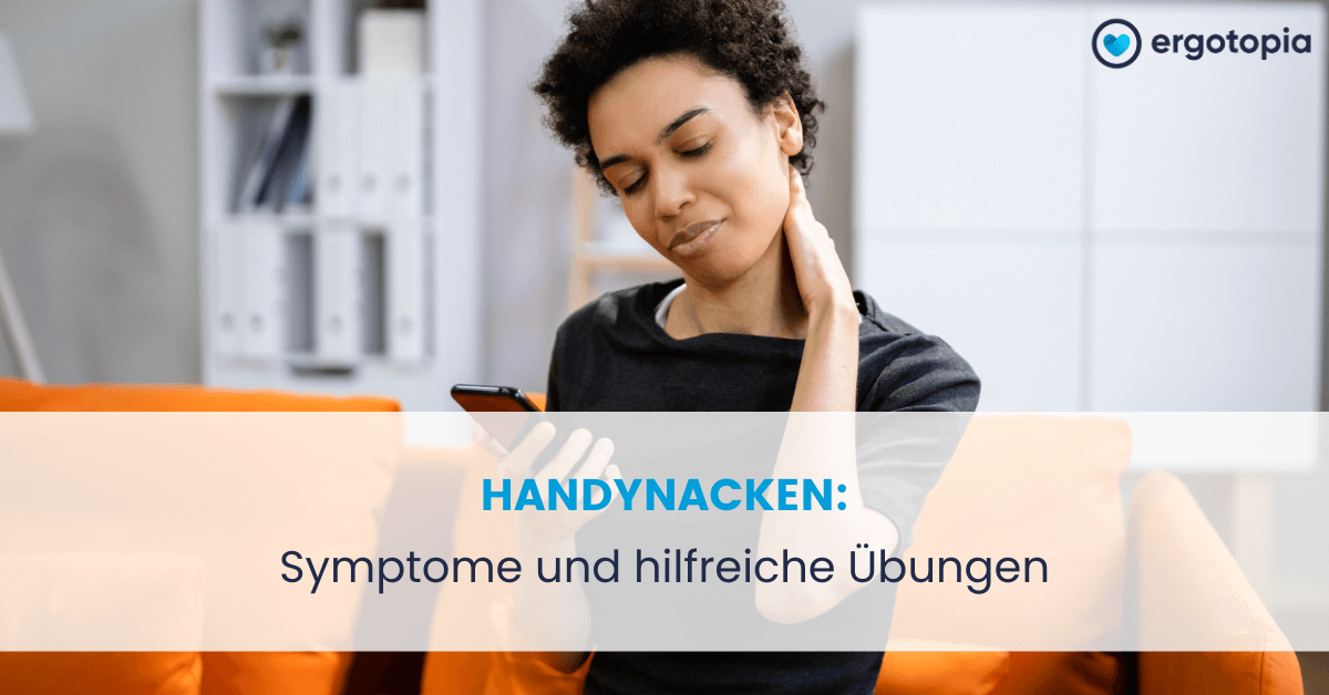 Frau mit Nackenschmerzen hat Handy in der Hand