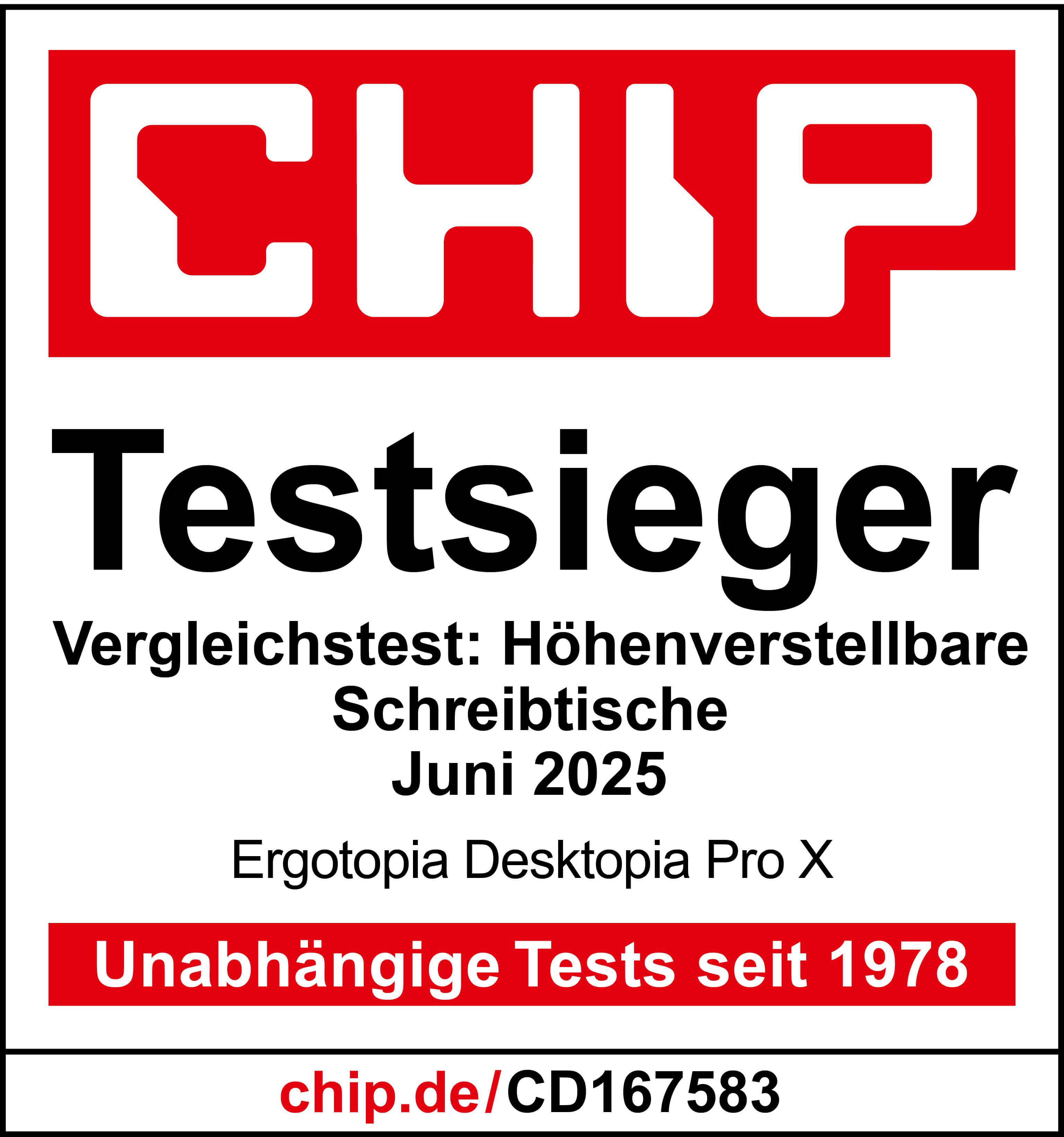 CHIP Testsieger Auszeichnung für den höhenverstellbaren Schreibtisch Ergotopia Desktopia Pro X