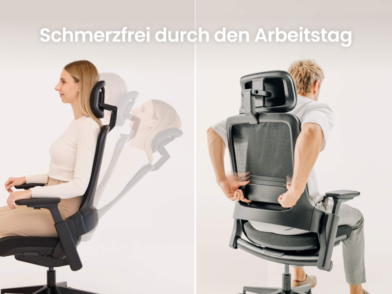Ein geteiltes Produktbild, das die verbesserte Körperhaltung auf einem verstellbaren, ergonomischen Bürostuhl zeigt. Links sitzt eine Frau mit guter Haltung und Kopfstütze, rechts passt ein Mann die Lordosenstütze an.