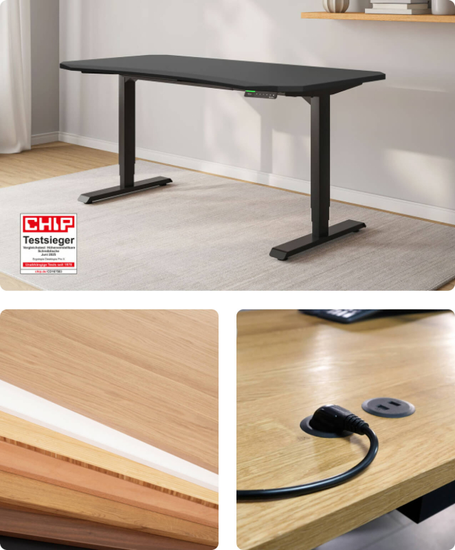 Collage eines höhenverstellbaren Schreibtischs (CHIP Testsieger), einer Auswahl an Tischplatten aus Echtholz und einer integrierten Steckdose mit USB-Ladebuchse für optimales Kabelmanagement
