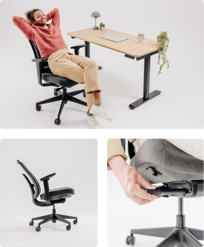 Ergonomischer Bürostuhl mit verstellbarer Sitzmechanik für gesundes Sitzen im Büro oder Home-Office. Zeigt die Nutzung in entspannter Sitzhaltung sowie Details zur individuellen Anpassung der Sitzposition