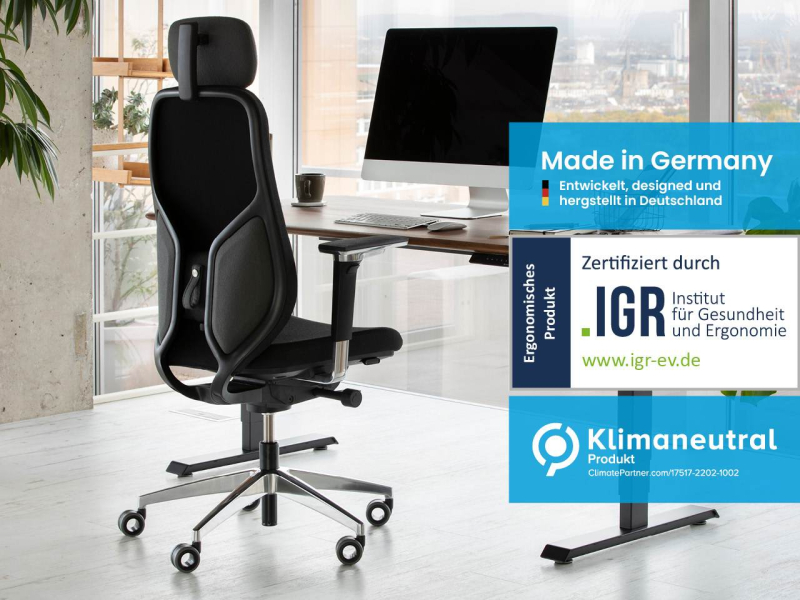 Ergonomischer Bürostuhl Made in Germany mit hoher Rückenlehne, zertifiziert vom IGR und klimaneutral, ideal fürs Büro oder Home-Office