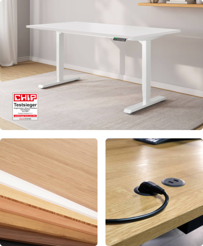 Collage eines höhenverstellbaren Schreibtischs von Ergotopia (CHIP Testsieger) in Weiß, einer Auswahl an Tischplatten aus Echtholz und einer integrierten Steckdose mit USB-Ladebuchse für optimales Kabelmanagement
