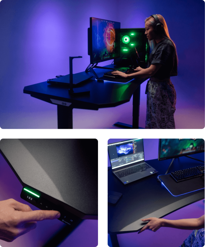 Höhenverstellbarer Gaming Schreibtisch mit großer Spielfläche, schwarzer Tischplatte und LED-Elementen – perfekt für Streamer und professionelle Gamer