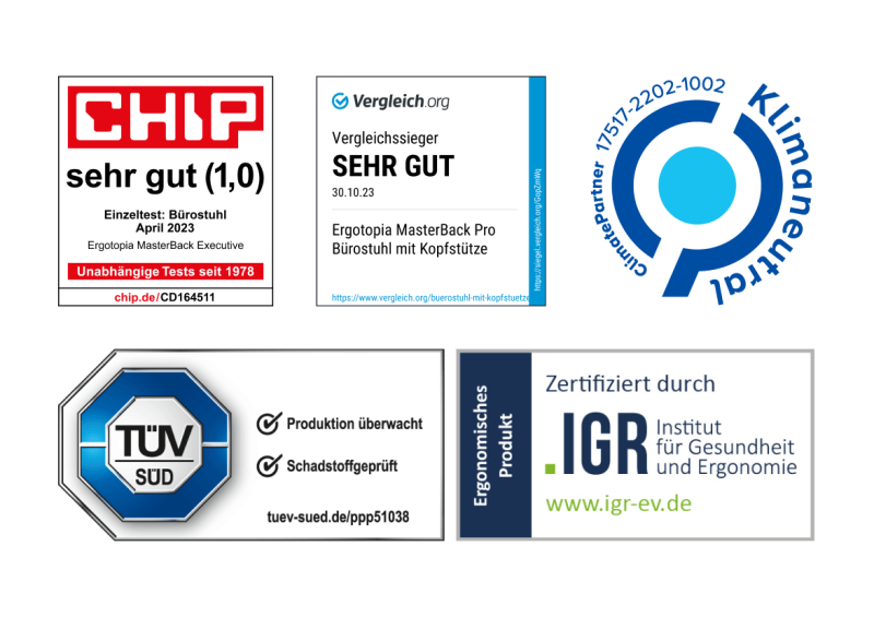 Collage von Auszeichnungen und Siegeln für den Ergotopia MasterBack: Testsiege von CHIP und Vergleich.org sowie Zertifikate von TÜV SÜD, ClimatePartner und IGR bestätigen die Qualität als ergonomischer Bürostuhl.