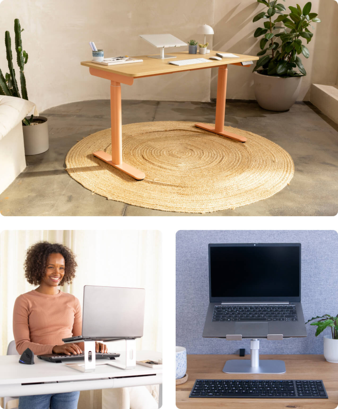 Ergotopia höhenverstellbarer Schreibtisch auf rundem Teppich mit cleanem Setup und Laptopständer, Frau arbeitet mit externer Tastatur und ergonomischer Maus, Close-up von Laptop auf Laptophalter mit externer Tastatur