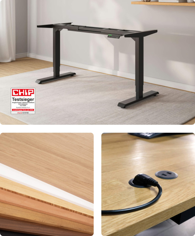 Schreibtisch Gestell, Tischplatten und im Tisch integrierte Kabellösung
