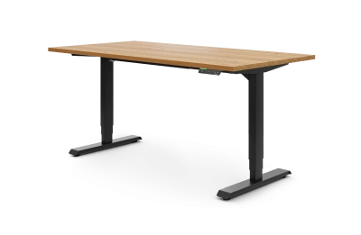 Elektrisch höhenverstellbarer Schreibtisch Desktopia Pro X Testsieger mit schwarzem Gestell und Holzplatte