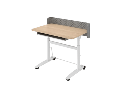 Mitwachsender, höhenverstellbarer Kinderschreibtisch Desktopia Kids in heller Holzoptik mit grauem Sichtschutz